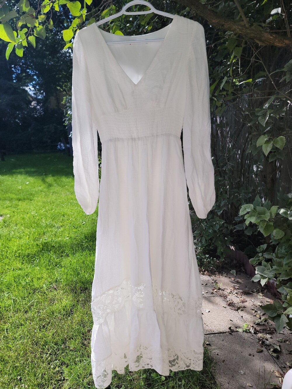 Bohemian Style Pure White 100% Cotton V-Neck Long Sleeve Dress With Lace Details